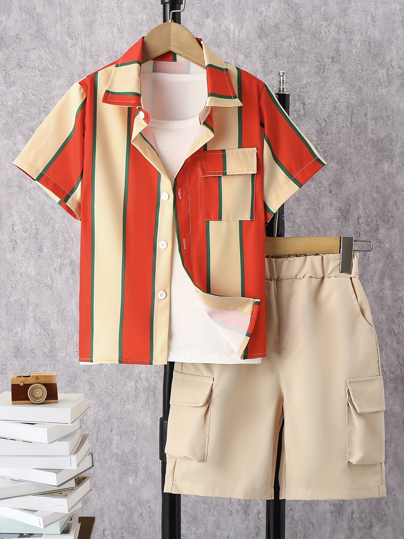 Boys Striped Shirt & Tailored Pocket Shorts Set