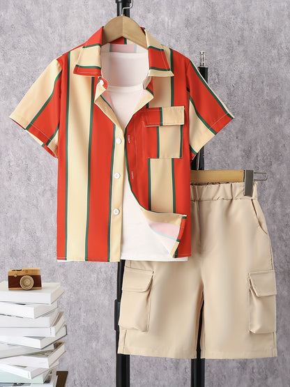 Boys Striped Shirt & Tailored Pocket Shorts Set