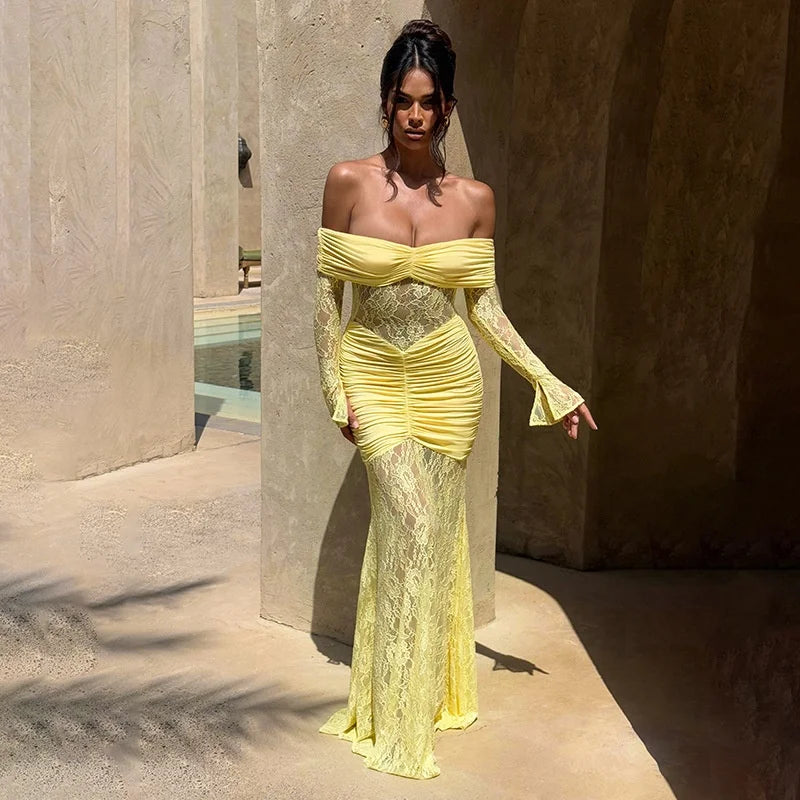 OUDINA Elegant Lace Patchwork One-Shoulder Dress