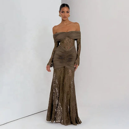 OUDINA Elegant Lace Patchwork One-Shoulder Dress