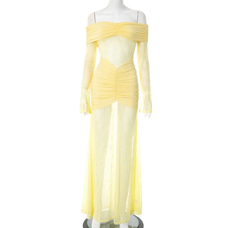 OUDINA Elegant Lace Patchwork One-Shoulder Dress