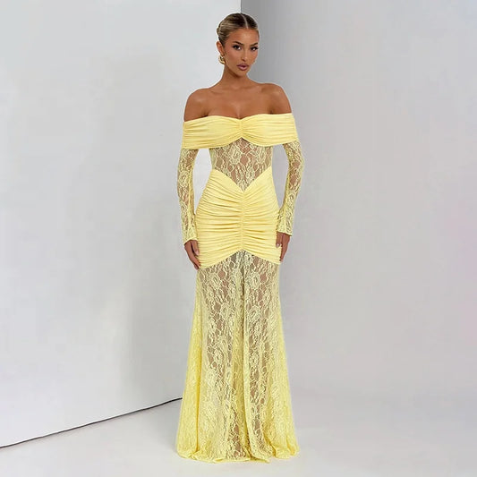 OUDINA Elegant Lace Patchwork One-Shoulder Dress