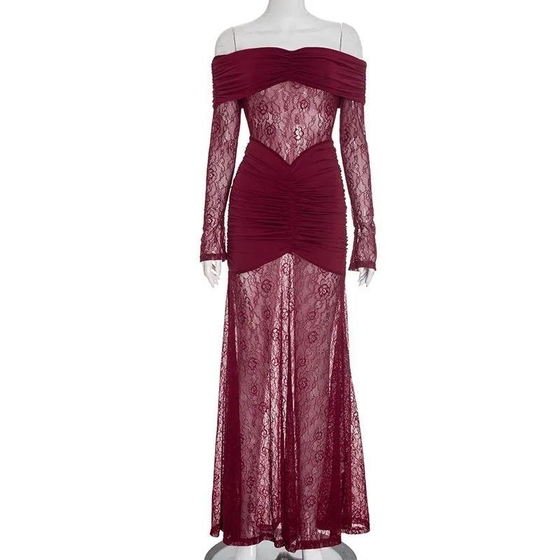 OUDINA Elegant Lace Patchwork One-Shoulder Dress