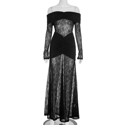 OUDINA Elegant Lace Patchwork One-Shoulder Dress