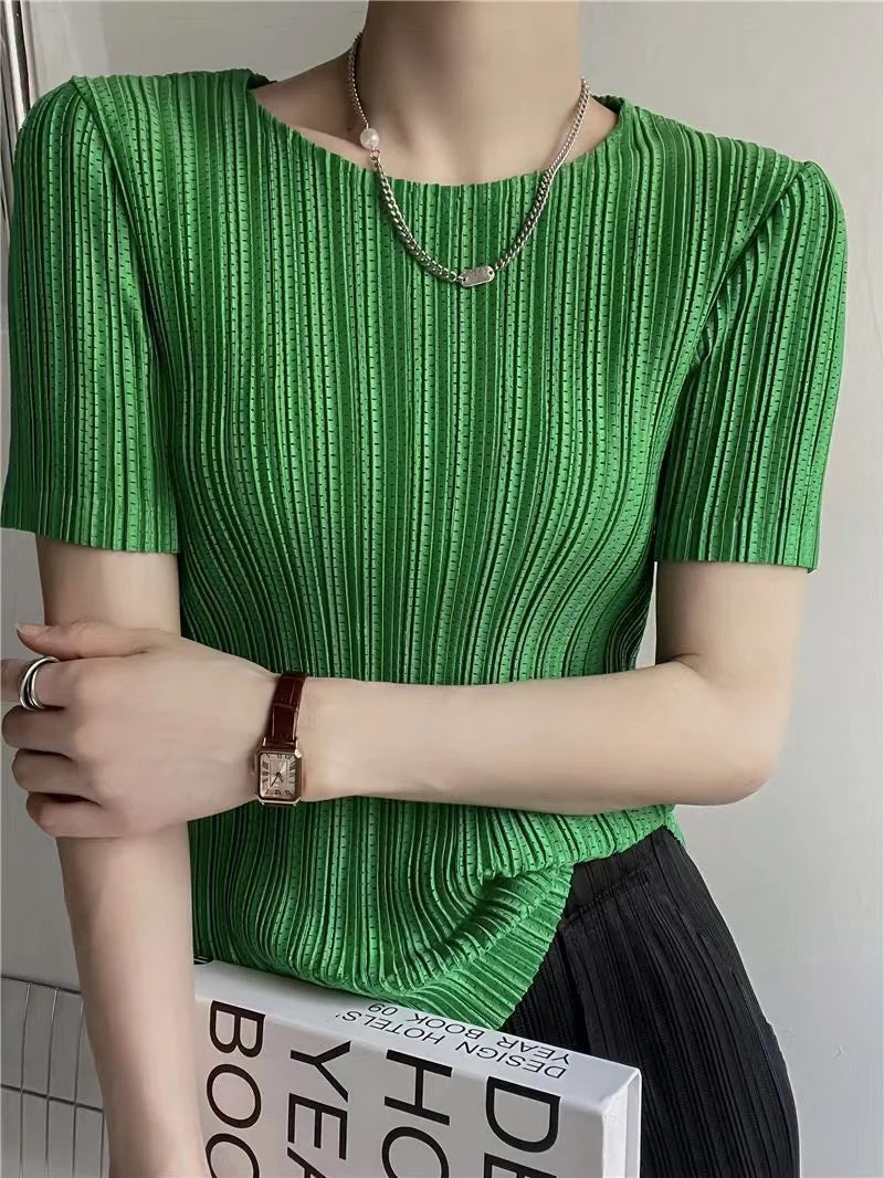 Pleated Elastic Round-Neck Summer T-Shirt