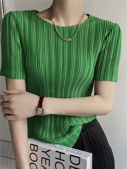 Pleated Elastic Round-Neck Summer T-Shirt