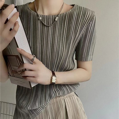 Pleated Elastic Round-Neck Summer T-Shirt