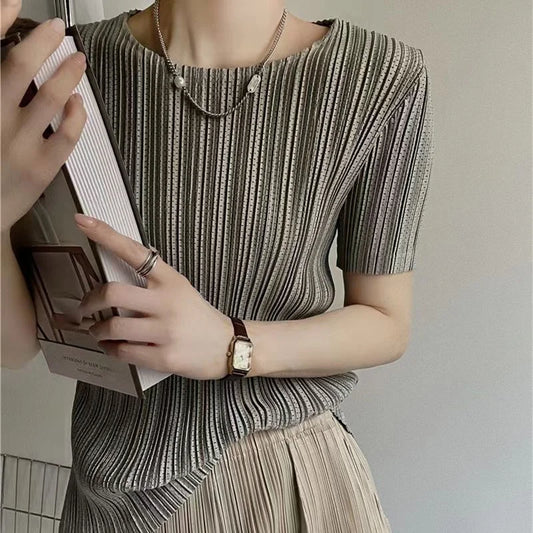 Pleated Elastic Round-Neck Summer T-Shirt