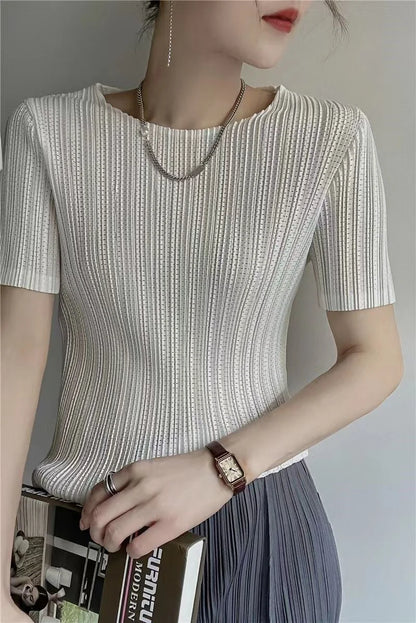 Pleated Elastic Round-Neck Summer T-Shirt