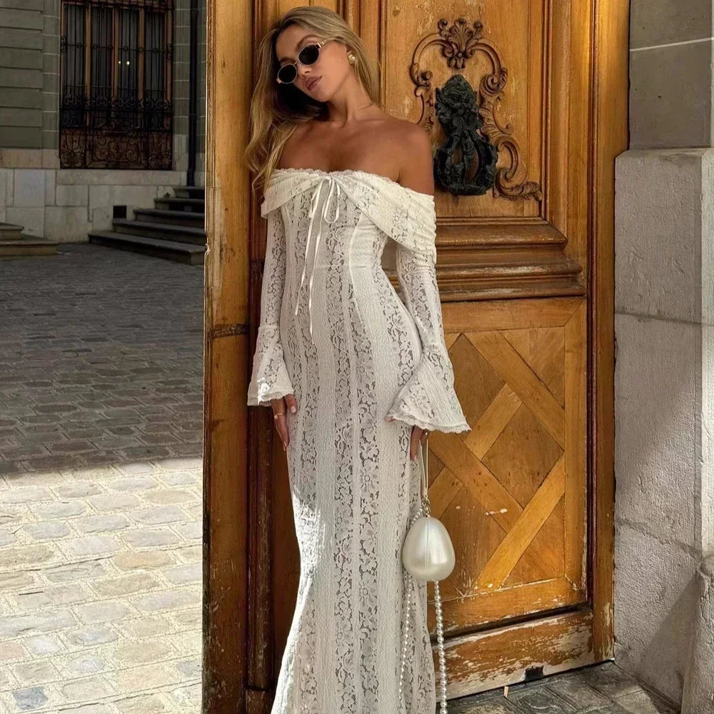 Timeless White Lace Off-Shoulder Maxi Dress – MomiyA