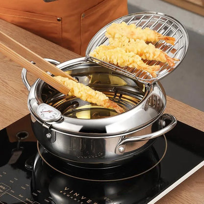Stainless Steel Oil Fryer Pan with Thermometer & Cover