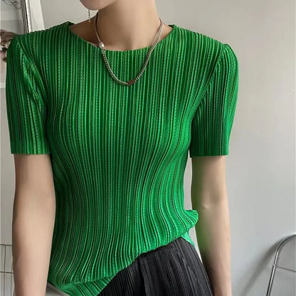 Pleated Elastic Round-Neck Summer T-Shirt