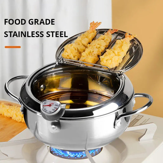 Stainless Steel Oil Fryer Pan with Thermometer & Cover
