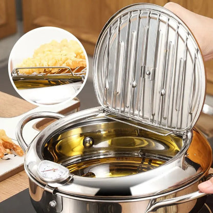 Stainless Steel Oil Fryer Pan with Thermometer & Cover